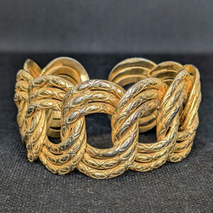 Vintage Dominique Aurientis Paris Gold Wide Thick Etched Cuff Bracelet Carved